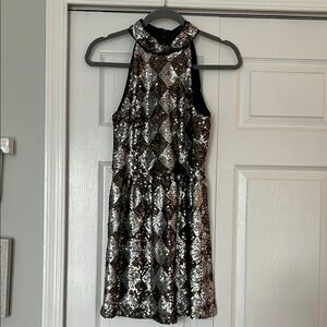 Ark & Co High Neck Sequin Mini Dress Black, Silver, and Brown Diamond Pattern